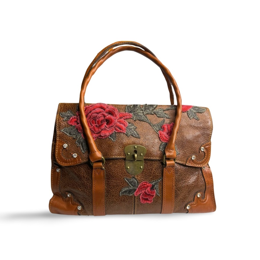 Patricia Nash Brown Leather Satchel with Red Floral Embroidery.